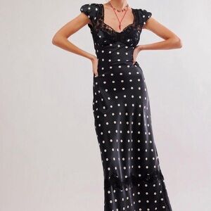 Free People Butterfly Dress Black & White Polka Dot Maxi Dress w/ Lace Detail